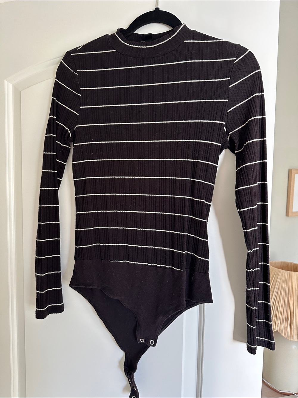 J. Crew Black & White Striped Ribbed high neck long sleeve Bodysuit